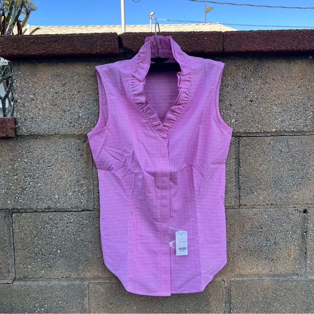 Brooks Brothers Pink Sleeveless Gingham Blouse Ruffle Collar Top NWT
